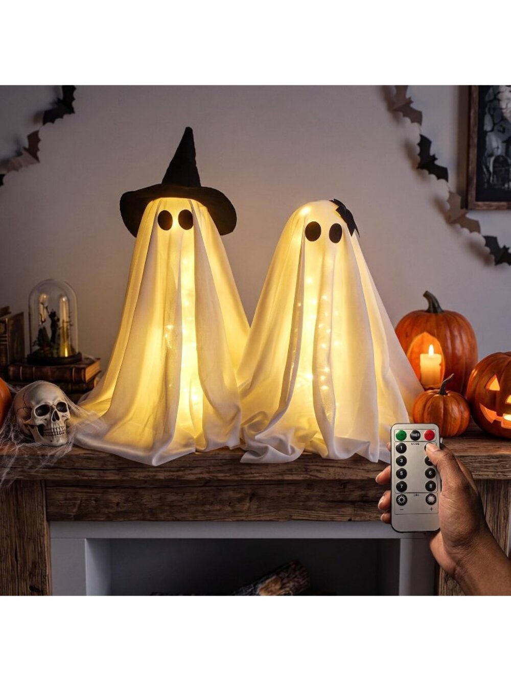 New 2 Pc Halloween Ghost Light Kit Remote Timer 8 Modes Adjustable Height Decor